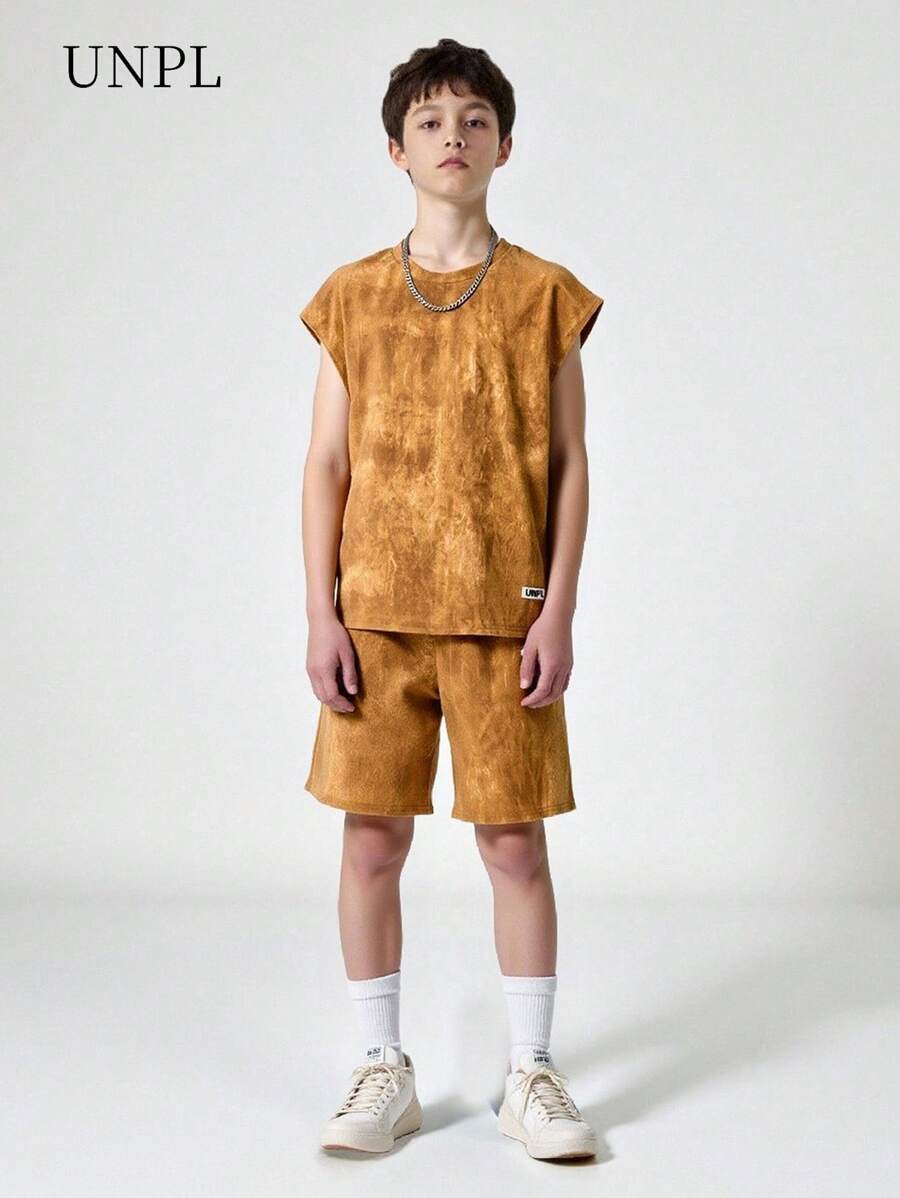 SHEIN 青少年男孩扎染印花圆领背心和宽松短裤套装，适合日常穿着、上学、与朋友出去玩或购物 - 彩色 - 查看 1