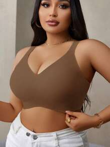 Plus Size Women Seamless Gummy Bra With Soft Support & Wireless, Lift & Enhance Bust - Brown - View 6