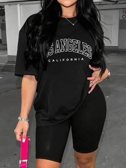 Flirla Los Angeles California Inspired Women Loose Fit Round Neck Casual Letter Graphic Print Plus Size T-Shirt