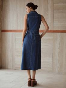 MOTF PREMIUM EMBROIDERY SPLIT DENIM DRESS - Blue - View 4