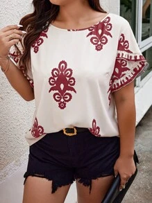 SHEIN Clasi Random Floral Print Plus Size Ladies Resort Flounced Sleeve Shirt - Multicolor - View 4