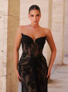 Glamrae Đầm maxi đuôi cá xếp ly, sang trọng, co giãn, chất liệu ren, xuyên thấu, hở lưng, phù hợp cho đám cưới, tiệc độc thân, kỳ nghỉ, dạ hội, sự kiện trang trọng (được trang trí cầu kỳ), lễ tốt nghiệp, trang phục cho phụ nữ, ngày Valentine. - màu đen - Xem 2