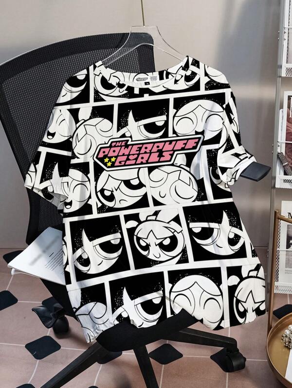 THE POWERPUFF GIRLS X SHEIN Plus Size Summer Casual Letter And Cartoon Pattern Round Neck Short Sleeve T-Shirt