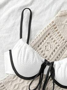 Sweetra Women's Contrast Color Bowknot Back Adjustable Spaghetti Strap Bikini Tops For Summer Beach Vacation - White - View 5