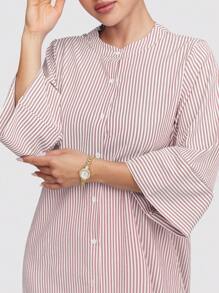 Veilorie 女式条纹纽扣前长休闲连衣裙，春秋季节，端庄的长裙，非常适合海滩/休闲/度假/家居服/返校和日常休闲穿着 - 紅色 - 查看 7