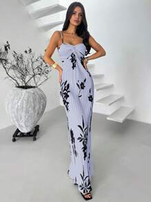 Firerie 新款女式优雅杏色花卉褶皱扭纹前细肩带开衩下摆中长连衣裙，适合约会之夜、婚礼宾客、夏威夷度假 - 藍色 - 查看 1