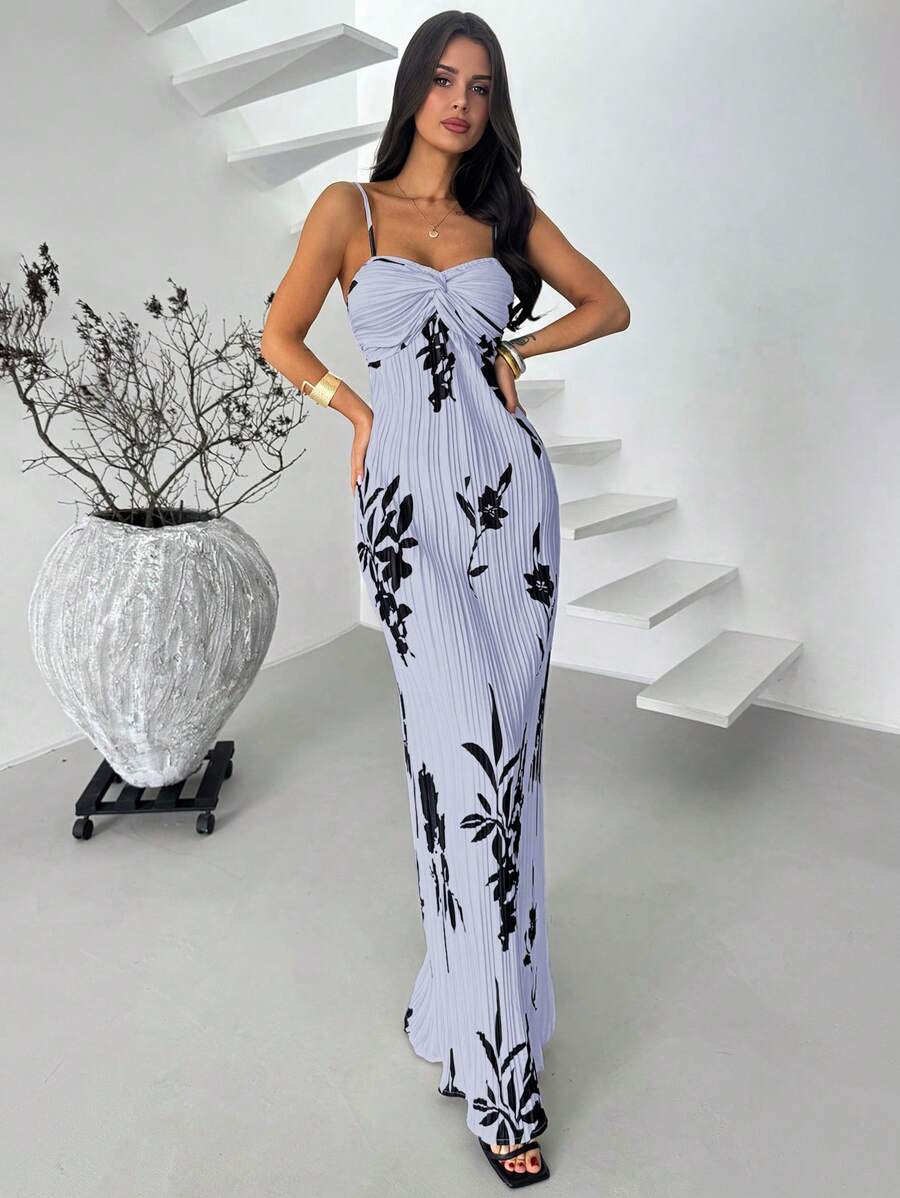 Firerie 新款女式优雅杏色花卉褶皱扭纹前细肩带开衩下摆中长连衣裙，适合约会之夜、婚礼宾客、夏威夷度假 - 藍色 - 查看 1