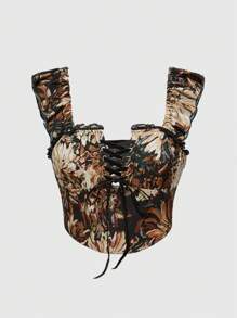 ROMWE Vintage Floral Wrap Design Women Slim Fit Top