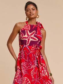 Travachic Vestido de vacaciones de mujer con estampado de contraste, cuello con corbata y patrón artístico sin mangas