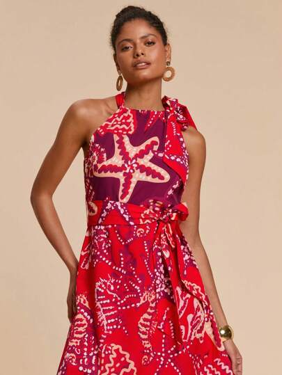 Travachic 撞色印花无袖领带艺术图案女式度假连衣裙