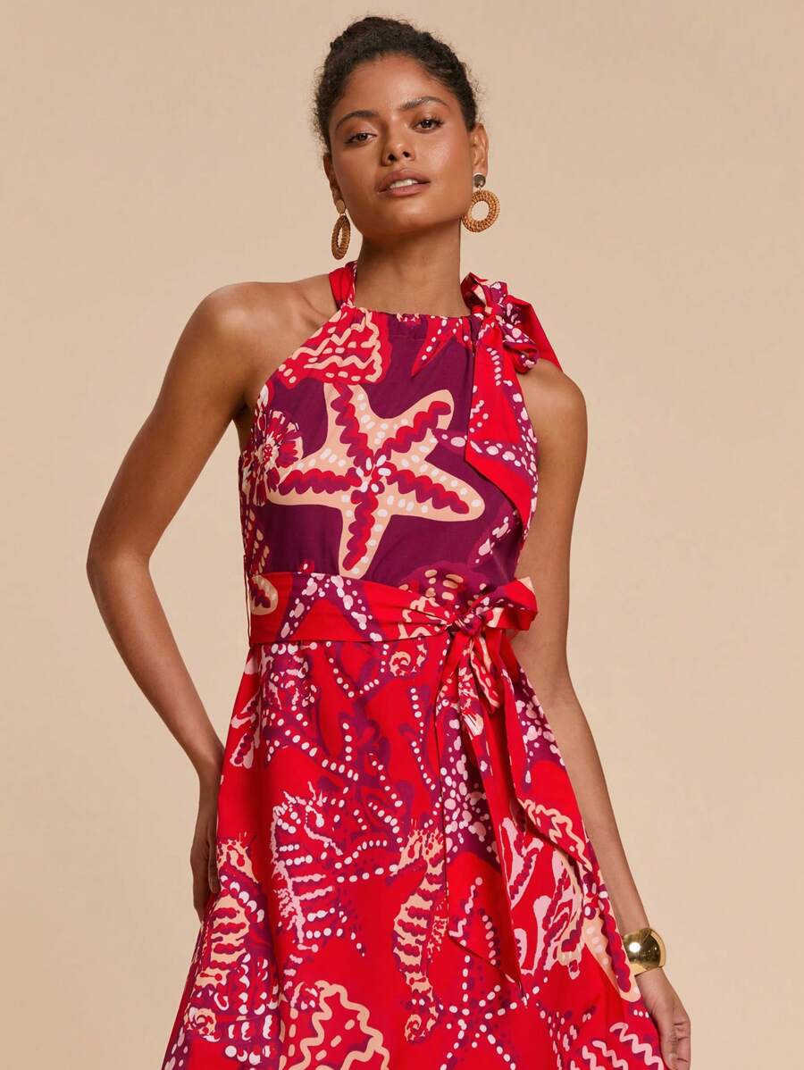 Travachic Vestido de vacaciones de mujer con estampado de contraste, cuello con corbata y patrón artístico sin mangas