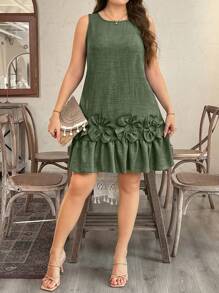 SHEIN LUNE Plus Size Sleeveless 3D Floral Ruffled Hem Straight Dress - Olive Green - View 1