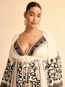 CAJUNI Vestido largo de estilo bohemio con estampado floral, cuello en V, de manga larga y holgado con calado para mujer de talla grande para vacaciones