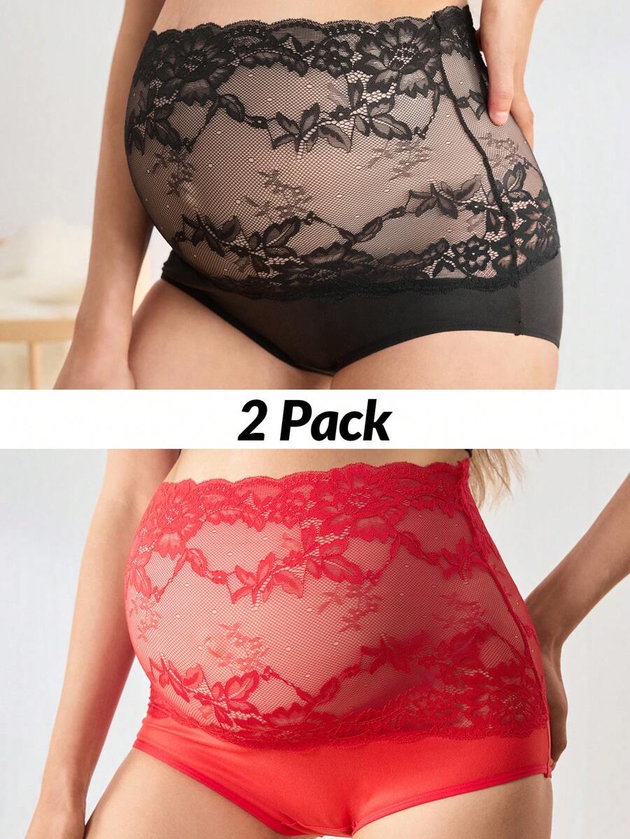 Moonlight&Mama 2 chiếc quần lót ren cạp cao cho bà bầu, quần lót mềm mại kiểu hipster che bụng bầu - Tím + Đỏ - Nhiều màu - Xem 1