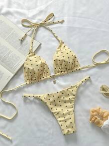 Elavelle Spring Break Women Polka Dot Random Print Metallic Decor Spaghetti Strap Sexy Bikini Beachwear Set For Ladies For Summer Beach Vacation