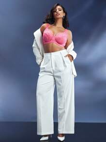 SHEIN Curve Full-Cup Lace Floral Underwired Bra, Magenta, Plus Size - Pink - View 5
