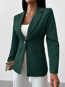 EURMUSE Blazer elegante de manga larga de un solo botonadura y unicolor para mujer - Verde Oscuro - Ver 5