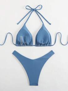 Swim Basics Bikini de dos piezas para mujer de unicolor de verano con escote halter y lazo delantero, sexy