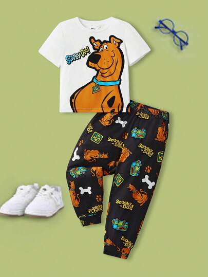SCOOBY-DOO X SHEIN 男童卡通图案休闲白色短袖T恤和裤子阻燃面料夏季睡衣套装