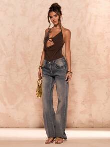 SHEIN BAE Summer Shades Of Brown 70's Club Night Party Disco Halterneck Metal Buckle Elegant Tight Bodysuit,Coffee Brown Music Festival Vacation Clothing - Brown - View 3