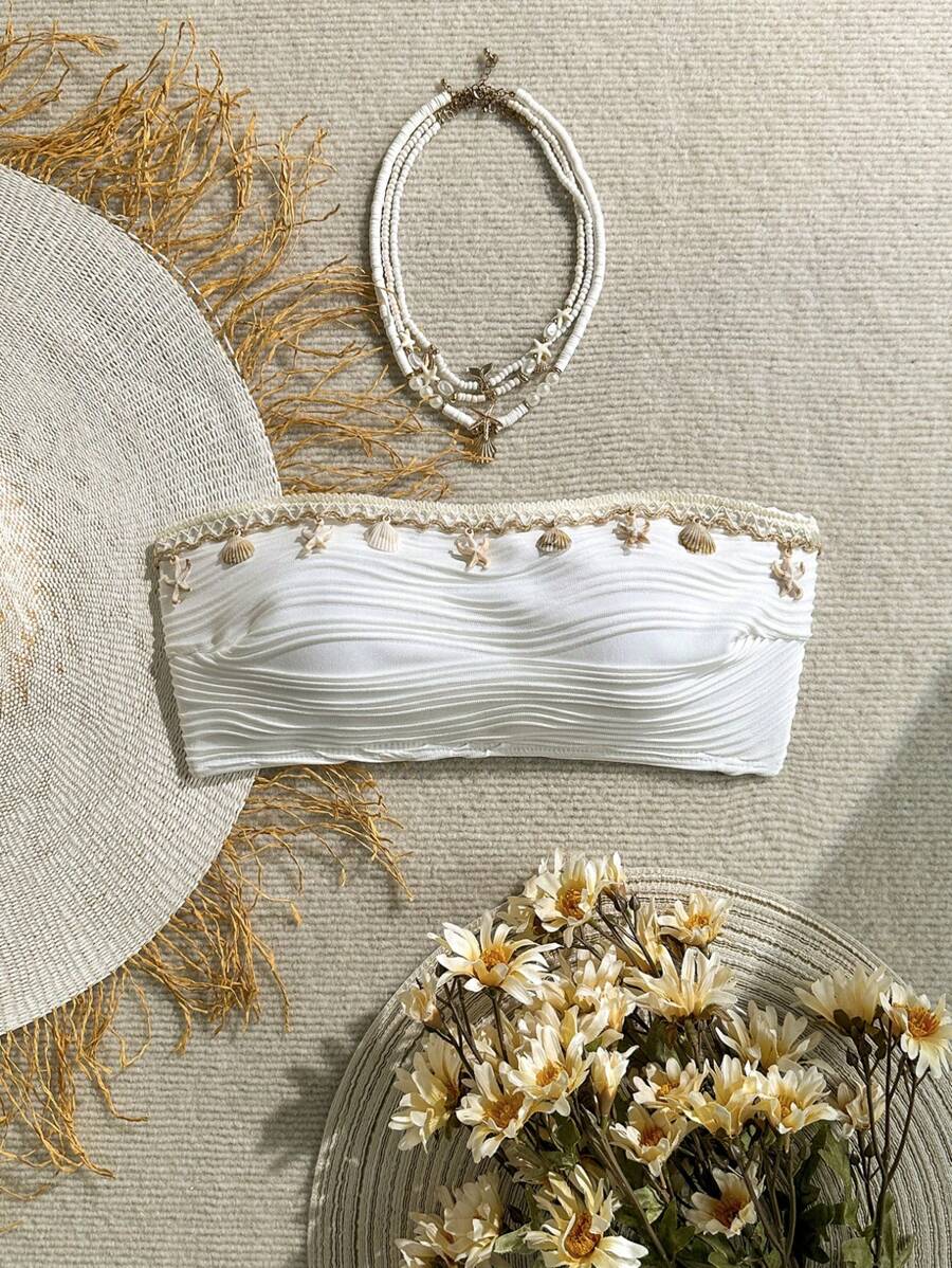 Swim Vcay 1件装女士纹理纯色贝壳吊带装饰抹胸泳衣上装，手工制作，贝壳数量随机，夏季 - 白色 - 查看 1