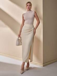 CLARA VERO Falda larga elegante de longitud media, con pliegues frontales laterales, de tela de concha ceñida con cinturón, para mujer, de unicolor, para primavera y verano