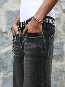 Manfinity EMRG Men's Loose Fit Ripped Pocket Wide Leg Casual Versatile Jeans Pants - Dark Grey - View 4