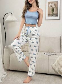 Solid Tank Top & Printed Long Pants Women Pajama Set - Blue - View 6