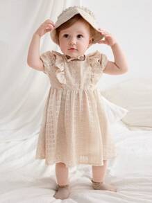 Cozy Pixies Baby Girl Jacquard Knitted Round Neck Ruffle Trim Waist Dress - Apricot - View 1