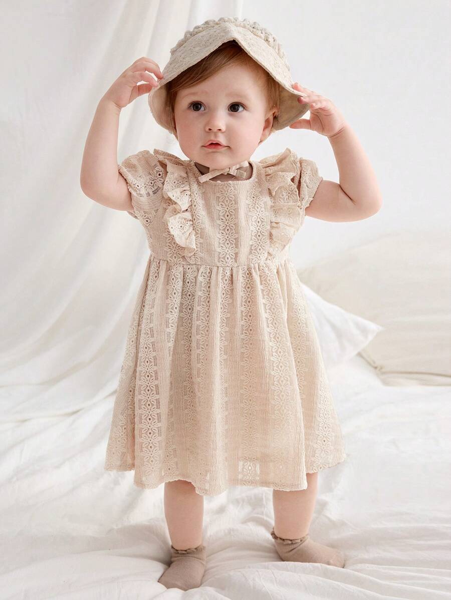 Cozy Pixies Baby Girl Jacquard Knitted Round Neck Ruffle Trim Waist Dress - Apricot - View 1