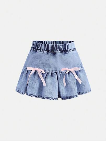 SHEIN Baby Girl Pink Ribbon Bow Decor Blue Denim Ruffled Skirt
