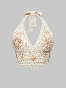 ROMWE Hippie Women's Bohemian Embroidered Top With Moon And Star Pattern - Apricot - View 1