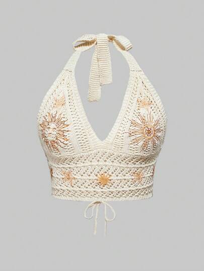 Hippie Women's Bohemian Embroidered Blouse With Moon And Star Pattern