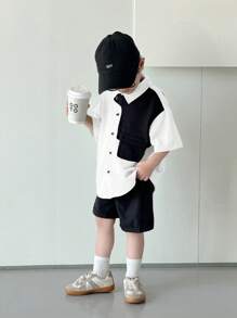 SHEIN 2pcs/Set Baby Boy Or Girl Casual Versatile Contrast Color Lapel Short Sleeve Cardigan & Elastic Waist Shorts Set - Black and White - View 6