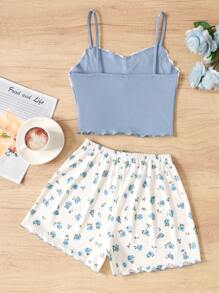 SHEIN Conjunto de pijama para adolescentes con top camisero de contraste de encaje y shorts con volantes de estampado floral disperso