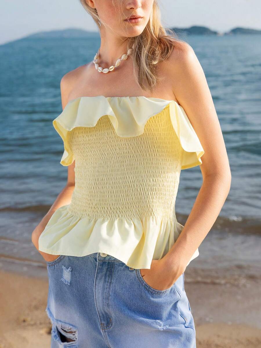 Lumivelle Light Yellow Ruffle Hem Crop Top, Casual Fitted Women's Top - Yellow - View 1