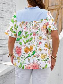 EMERY ROSE Blusa holgada con volantes y cuello con lazo, con estampado floral y de rayas, para talla grande, estilo de vacaciones de verano