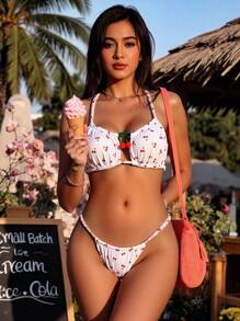 SHEIN Swim 2pcs/Set Sweet Cute Cherry Print Halter Backless Swimsuit Top & Thong Bottoms Women Swimwear Set For Summer Beach Vacation