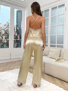 SHEIN Conjunto de lencería sexy de mujer con encaje, tirantes cruzados y espalda descubierta de seda sintética