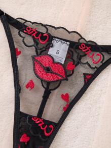 SHEIN 2pcs Women's Sexy Red Lip Embroidered Seductive Lingerie Set - Black - View 6