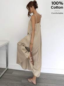 Siren Gaze Summer Dresses For Women 2025 | Graduation Dress Elegant & Vacation Beach | Khaki Cotton Maxi Dress With Pleated Stripe Detail | Spaghetti Strap Casual Fashion | Wedding Guest & 4th Of July Dress, Business Casual Sundress Women Casual Dresses Birthday Woman Clothes Women Summer Clothing Women Clothes Brown - Khaki - View 4