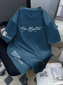 Manfinity LEGND Plus Size Men's Casual Slogan Print Round Neck Short Sleeve T-Shirt, Summer T Shirt For Man Simple T Shirts Men Men Tee Shirts Men T Shirts Casual - Blue - View 5