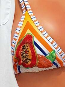 Swim Vcay New Fruit & Ocean Printed High-End Rhinestone Women Bikini 2 Pieces Set With Adjustable Straps, Summer Resort , Beach - Multicolor - View 5