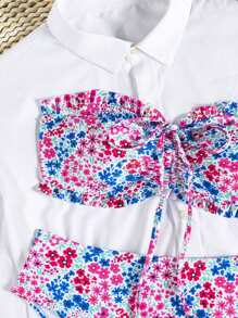 SHEIN Swim 女士海滩夏季服装：新款可爱碎花抹胸荷叶边甜美碎花，搭配精致珍珠吊坠抽绳比基尼套装 - 彩色 - 查看 4