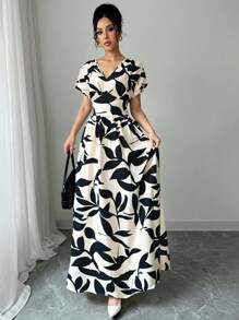 Elenzga V 领花卉束腰修身花卉印花长裙，适合春夏季女士穿着，优雅的春夏/秋冬季节，音乐会女装，优雅的晚礼服，适合日常、通勤、婚礼季/音乐节 - 杏色 - 查看 3