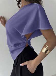 Firerie Blusa modesta, casual y elegante para trabajo y boda, primavera/verano, con un hombro, fruncido, bajo asimétrico, de tela texturizada, color blanco - Neblina azul - Ver 8