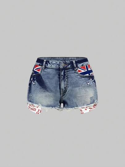 J-Fashion Women's Retro Vintage American Flag & English Text Printed Low Waist Denim Mini Shorts