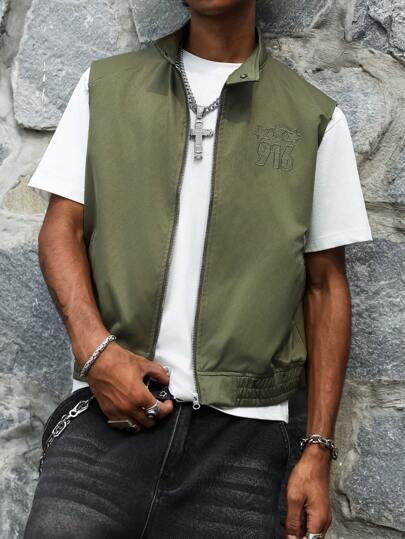 PAVTROS Męska haftowana kamizelka z kieszeniami na zamek błyskawiczny, letnia, codzienna, zapinana na zamek, męska kamizelka, męska modna kamizelka męska, kamizelka dla mężczyzn, na jesień