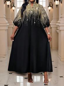 Fleurora Plus Size Elegant Metallic Print Long Dress,Summer Outfits For Women,Sun Dresses For Women - Black - View 7