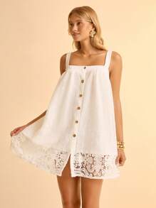 CAJUNI Women's Lace Embroidered Sleeveless Long Blouse, Vacation Wear - White - View 1